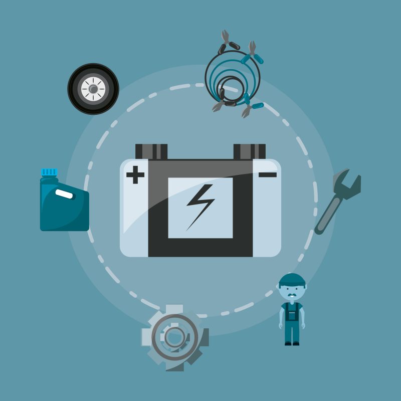 Battery and mechanic tools around over blue background, colorful design vector illustration